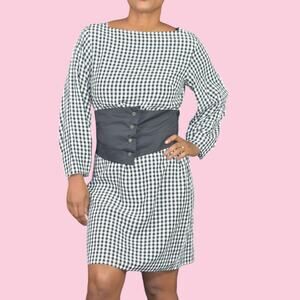 Tibi Gingham Dress Black Corset Belt Check Plaid Shift Long Sleeve Knee Length 6